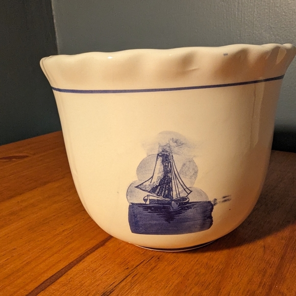 Vintage MCM Windmill Sailboat Ceramic Bowl Planter Container Blue White - Picture 2 of 9